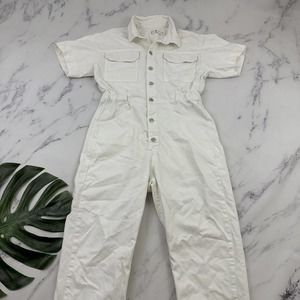 We The Free People Marci Denim Jumpsuit Size L Optic White Short Sleeve Cropped